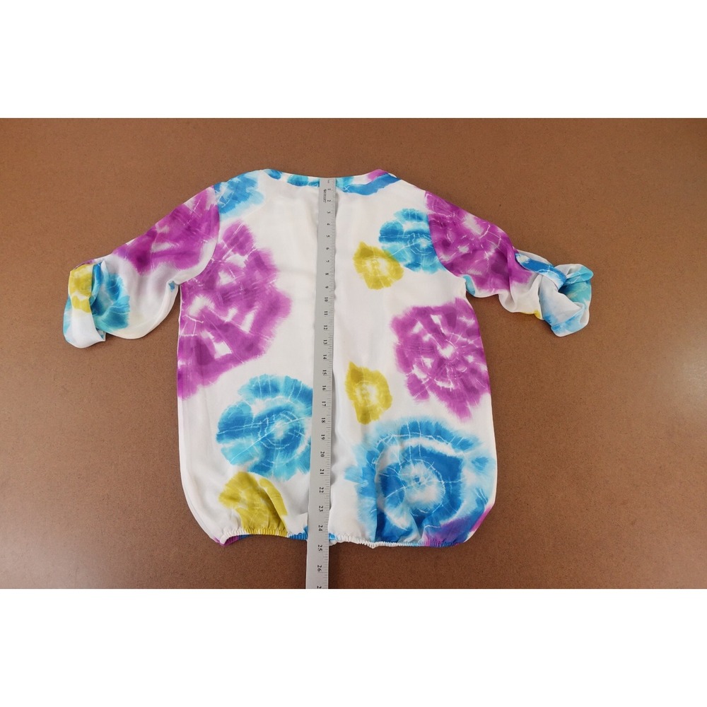 Calvin Klein Womens Small Colorful Tie Dye Chiffon Pleated 3/4 Sleeve V Neck Top - Picture 8 of 9
